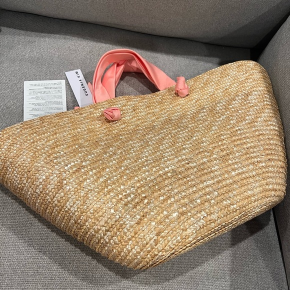 NEW EUGENIA KIM Carlotta Bow-embellished Straw Tote In Beige & Pink - Picture 8 of 9